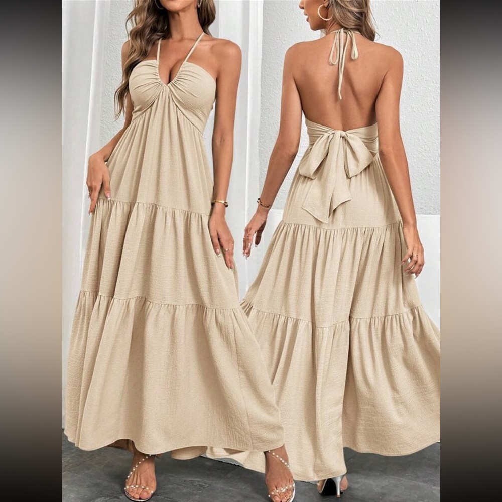 Elegant Cream Halter Maxi Dress